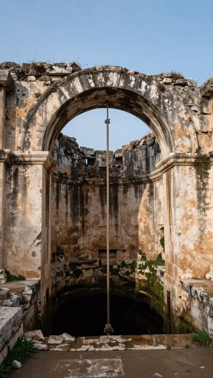 Rope Hanging Into Black Cistern Ruin Oran in beneath a broken stone arch near Oran