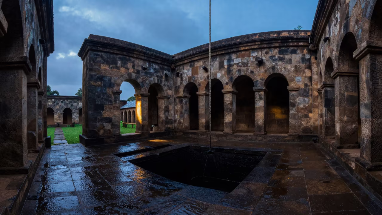 Rope Hanging Into Black Cistern Ruins in among collapsed cloisters near Ouagadougou