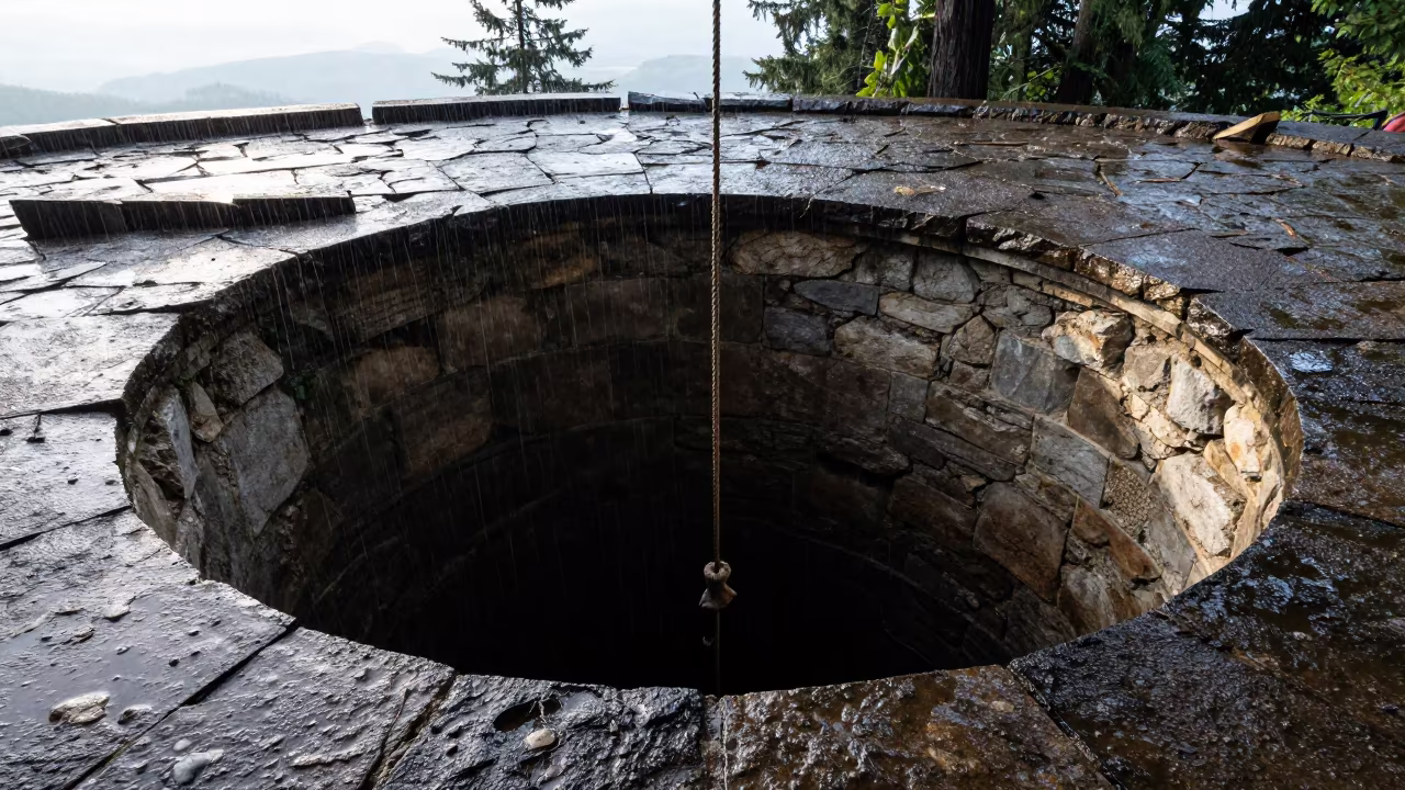 Rope Hanging Into Black Cistern Slovakia Ruin in among roofless stone chambers in Slovakia