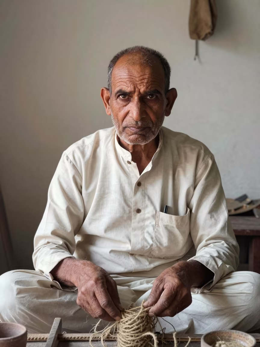 Rope Maker with Fibrous Hands in Sambhal Studio in in a north-lit studio in Sambhal