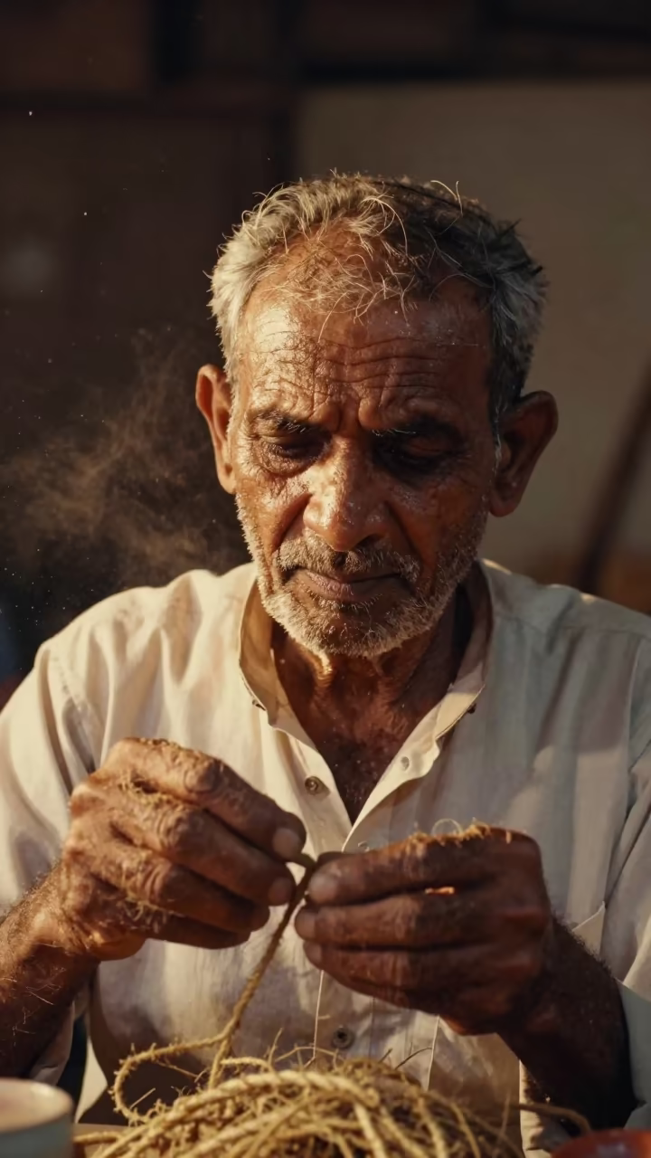Rope Maker with Hemp-Fiber Hands in Hyderabad Evening in by a workshop window in Hyderabad