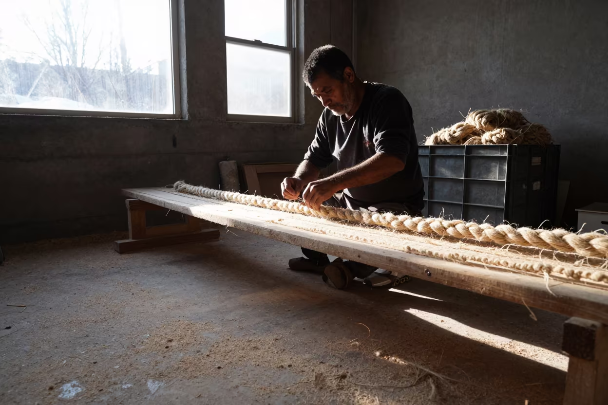 Rope Maker Twisting Sisal in Detroit Workshop in in a workshop in New Center, Detroit