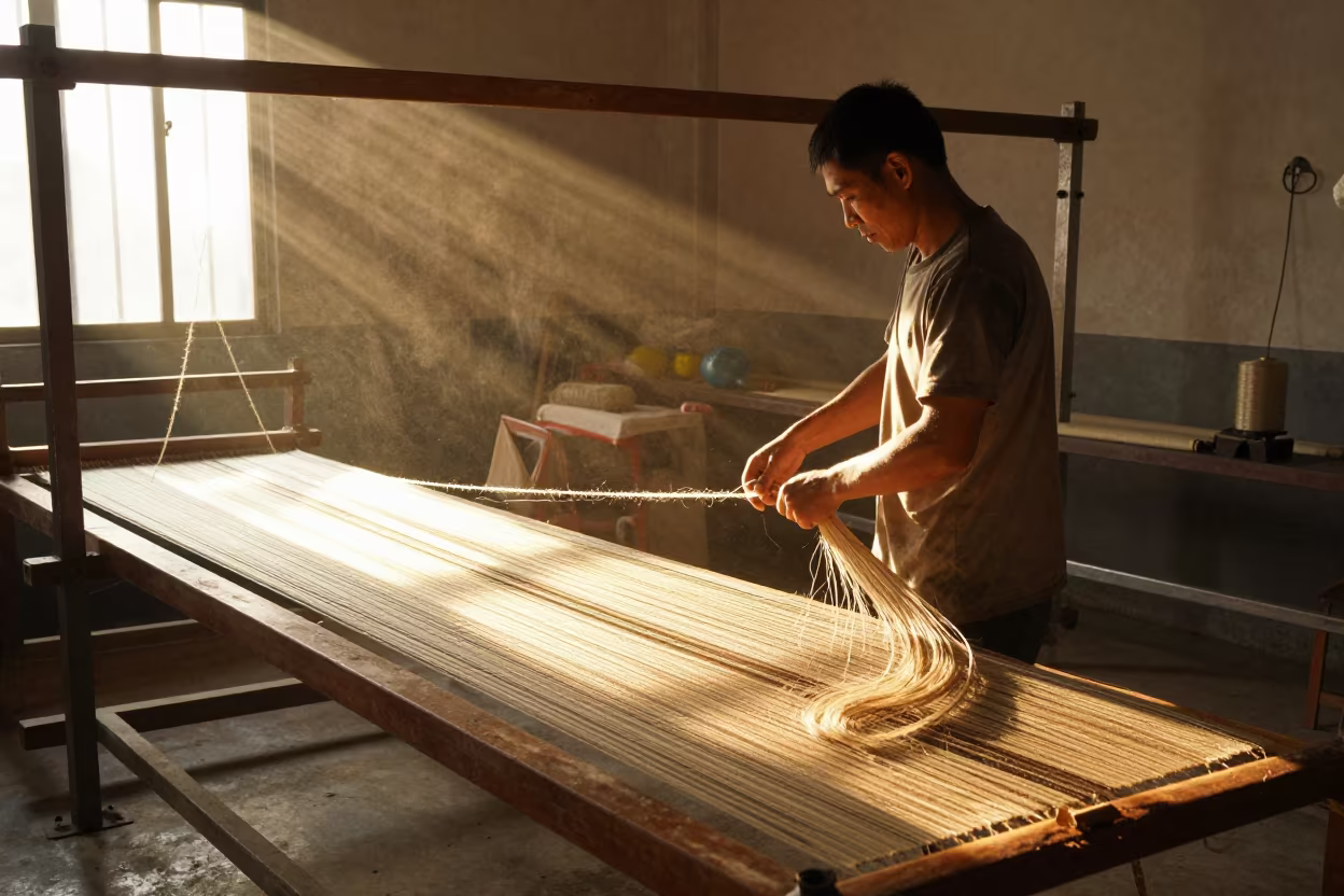Rope Maker Twisting Sisal in Golden Studio Light in in a studio in Haiphong