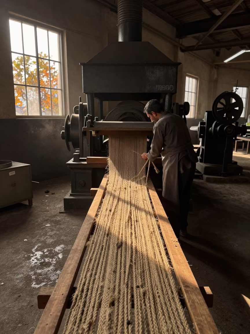 Rope Maker Twisting Sisal in Port Said Foundry in in a foundry in Port Said