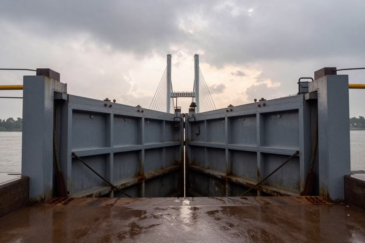 Rope-Scarred Canal Gate Under Juhu Bridge in under a cable-stayed bridge span in Juhu, Mumbai