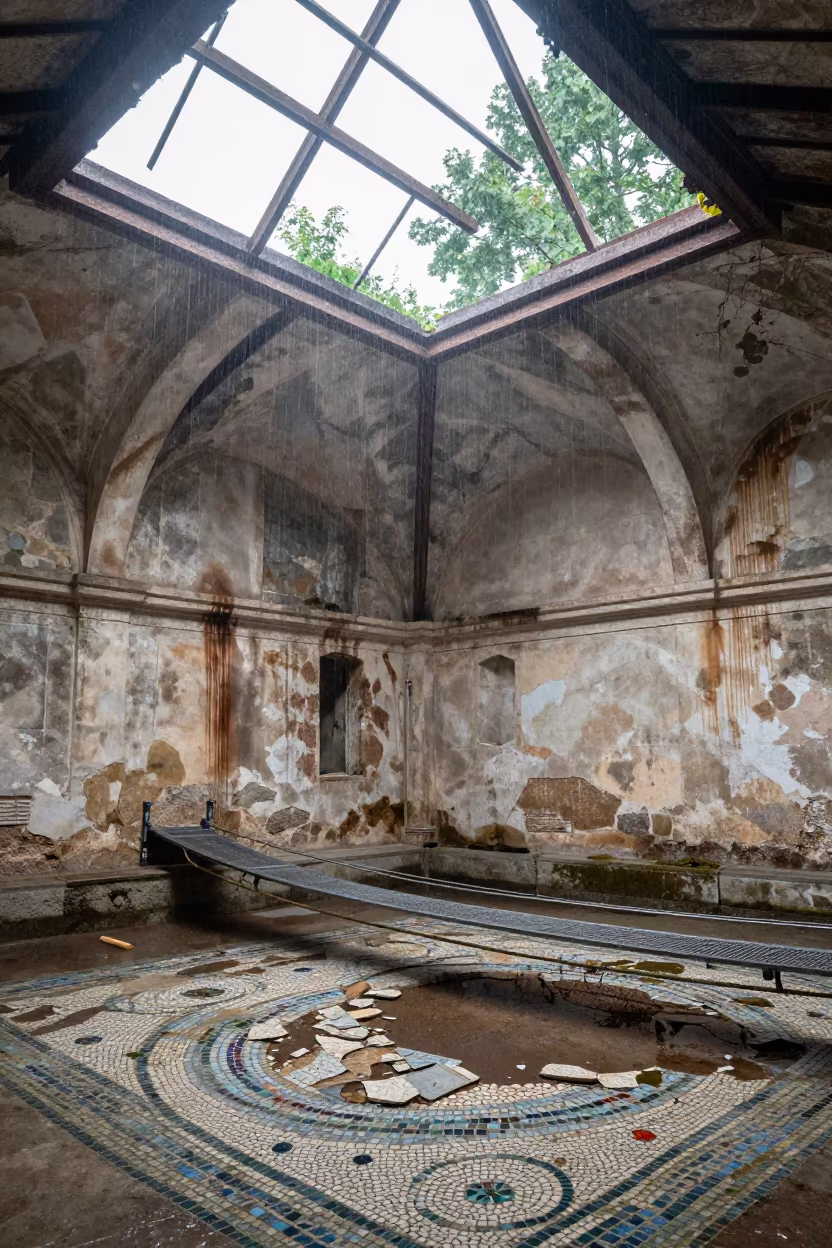 Ropewalk and Mosaic Tiles in Ruined Bratislava Hammam in inside a roofless hammam near Bratislava