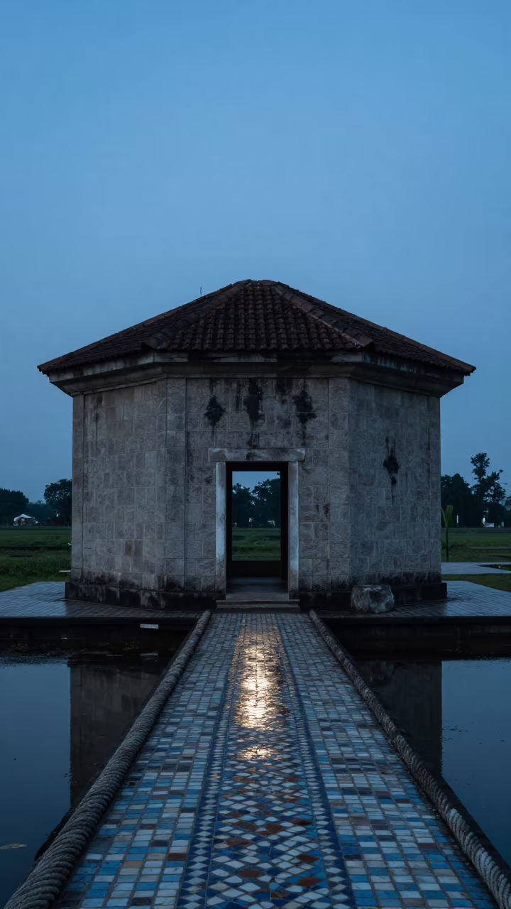 Ropewalk Ruin Mosaic Tiles Blue Hour in among roofless stone chambers near Kuantan