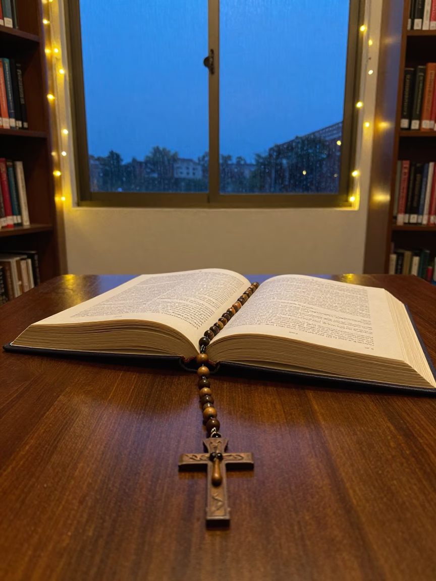 Rosary and Missal on Library Table at Blue Hour in on a dusty library table in Campinas