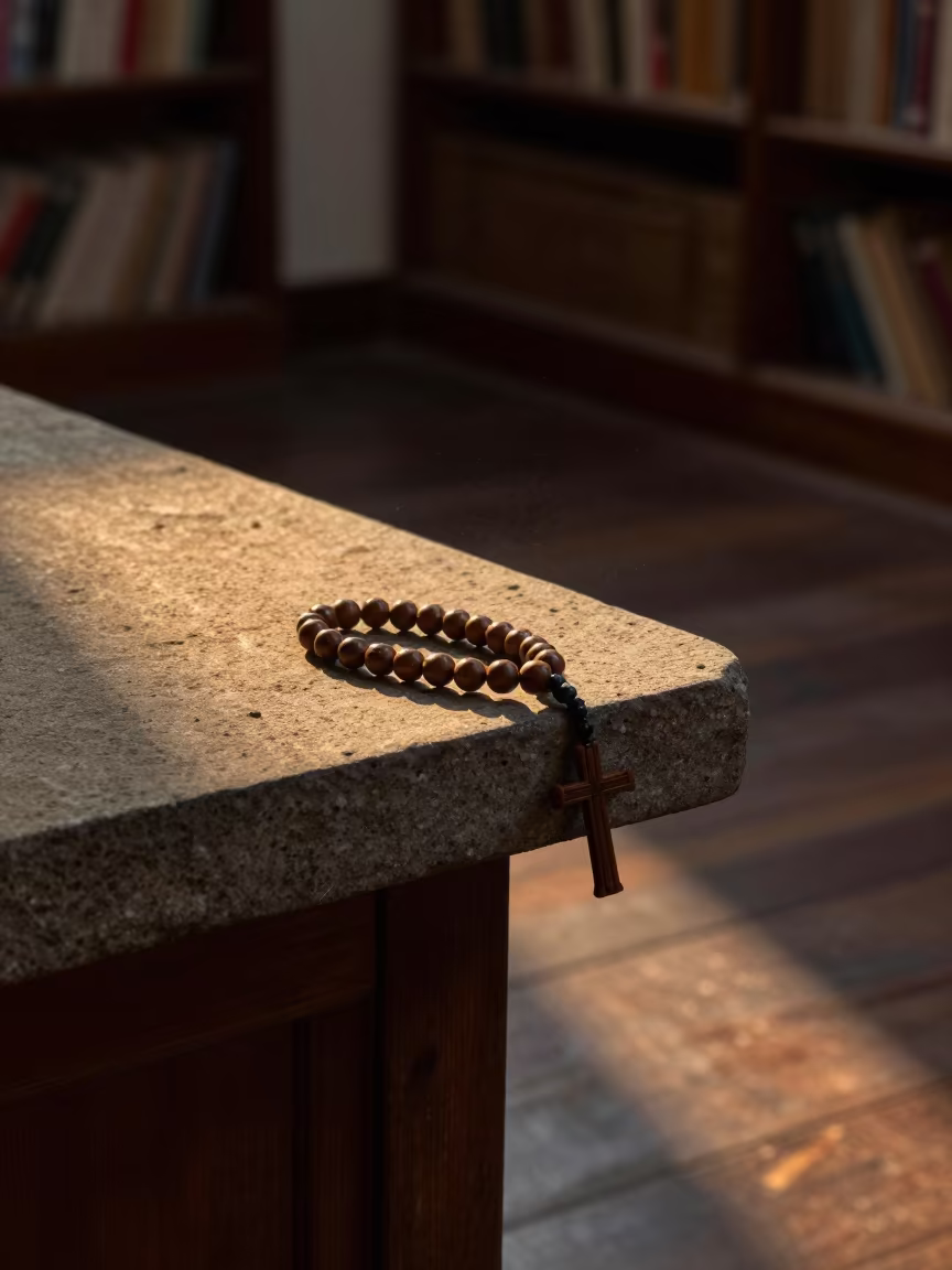 Rosary on Stone Ledge Library Golden Hour in on a dusty library table near Lichinga