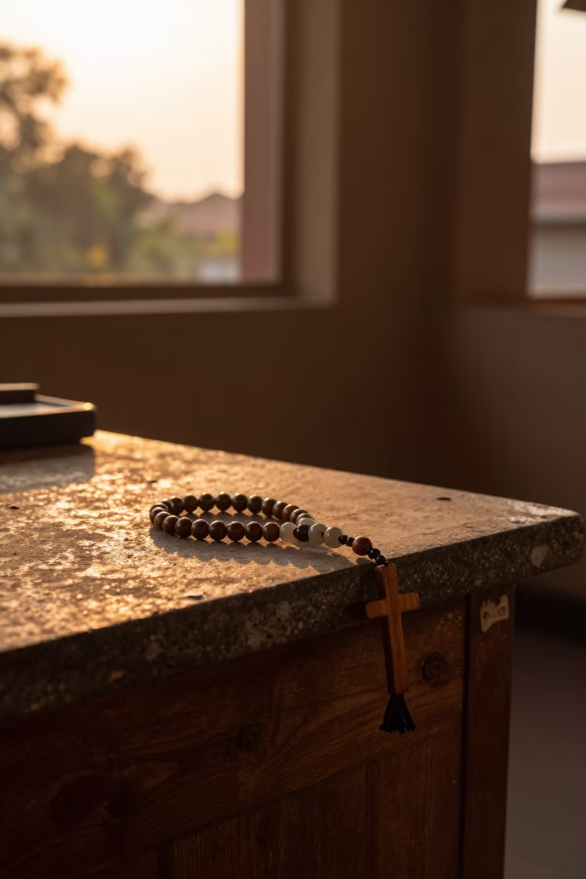 Rosary on Stone Ledge in Amber Delhi Light in on a wooden workbench in Delhi