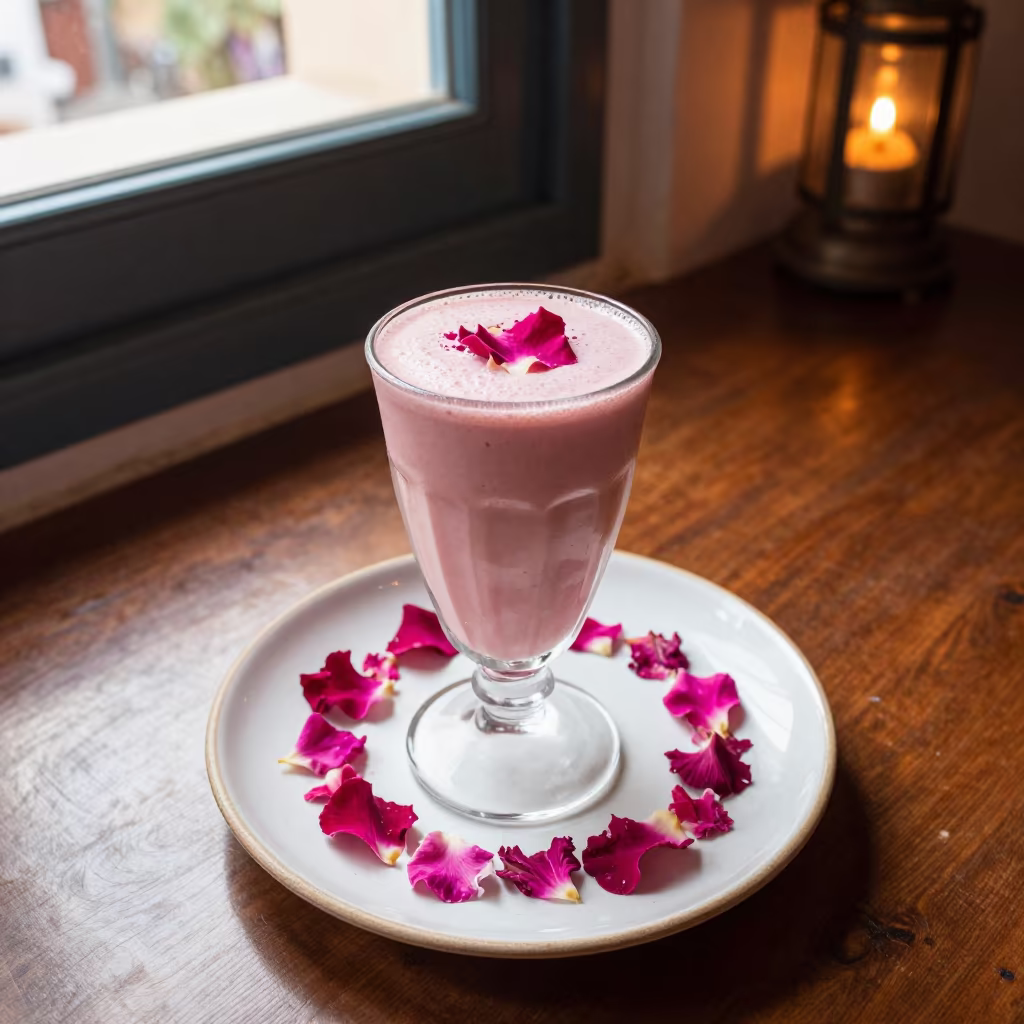 Rose Lassi in Glass on Plate Tangier Window in on a ceramic plate by a window in Tangier