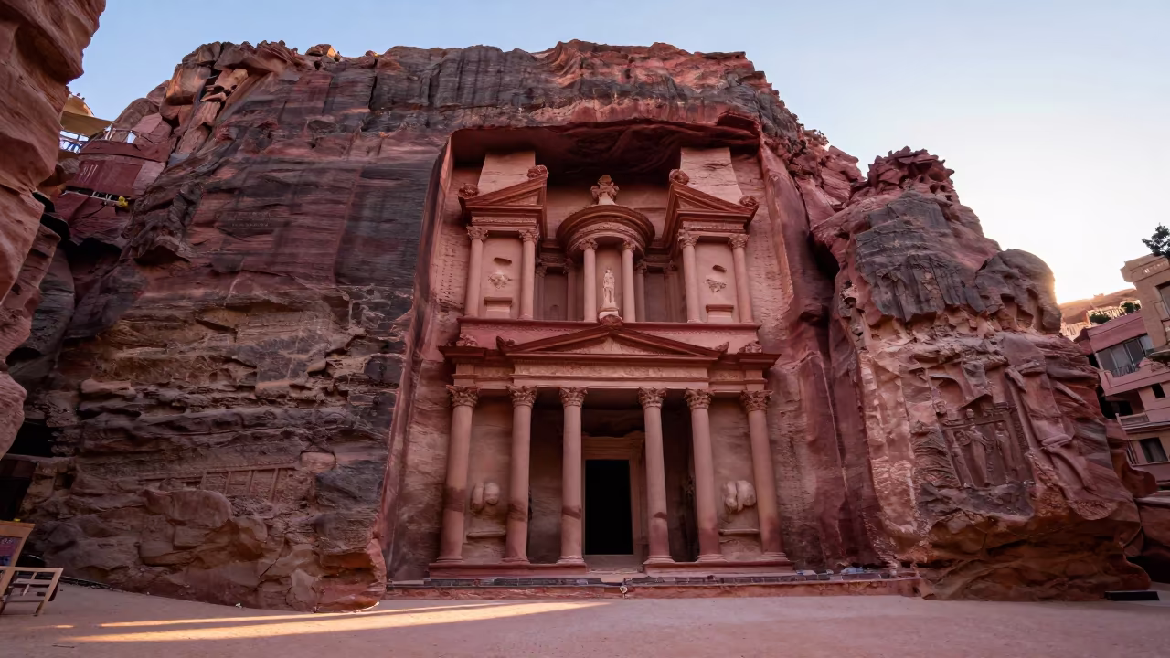 Rose-Red Sandstone Treasury Silhouette Before Dusk in across a formal civic plaza near Tashkent