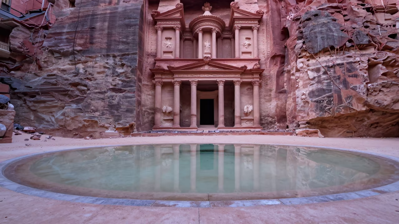 Rose Red Treasury Facade Reflected in Winter Plaza Water in across a formal civic plaza in Jordan