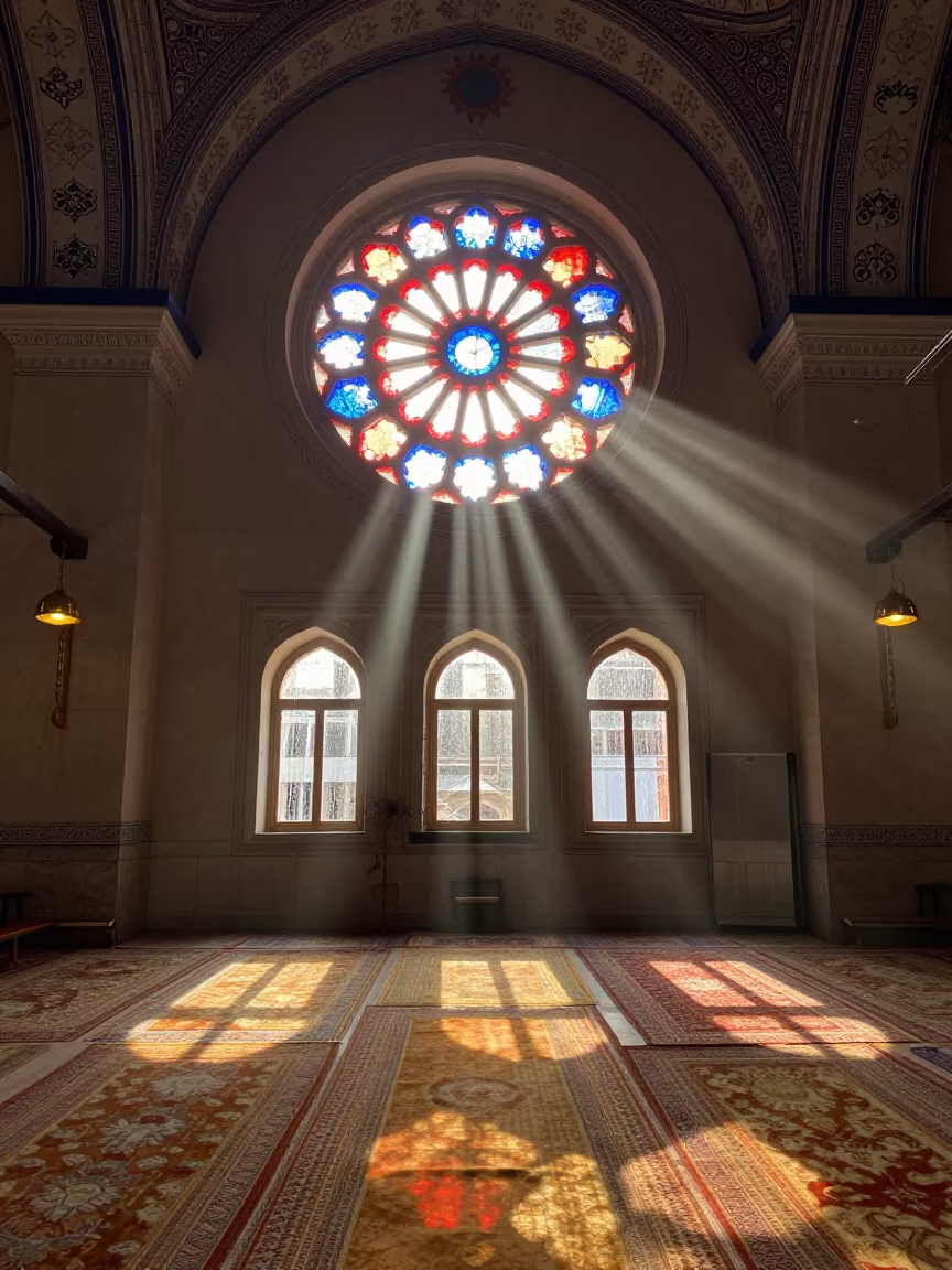 Rose Window Light in Baía Farta Mosque in in a mosque prayer hall in Baía Farta