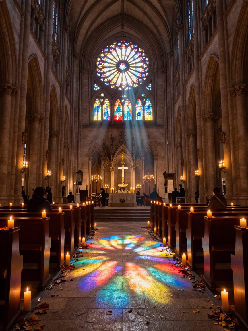 Rose Window Noon Light Night Fukuoka Nave in inside a candlelit nave in Fukuoka