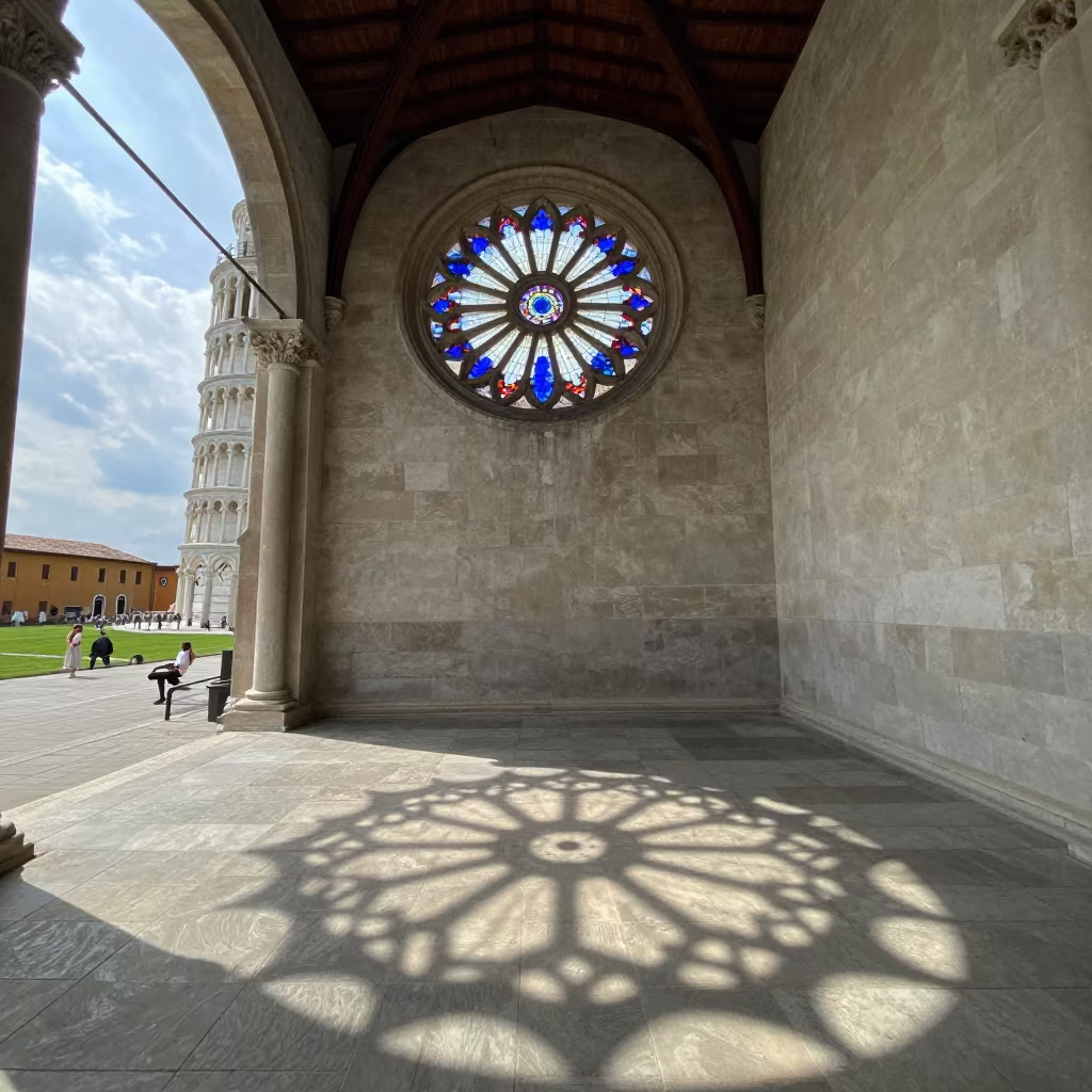 Rose Window Shadow on Stone Floor Midday in inside a glass-roofed arcade near Pisa