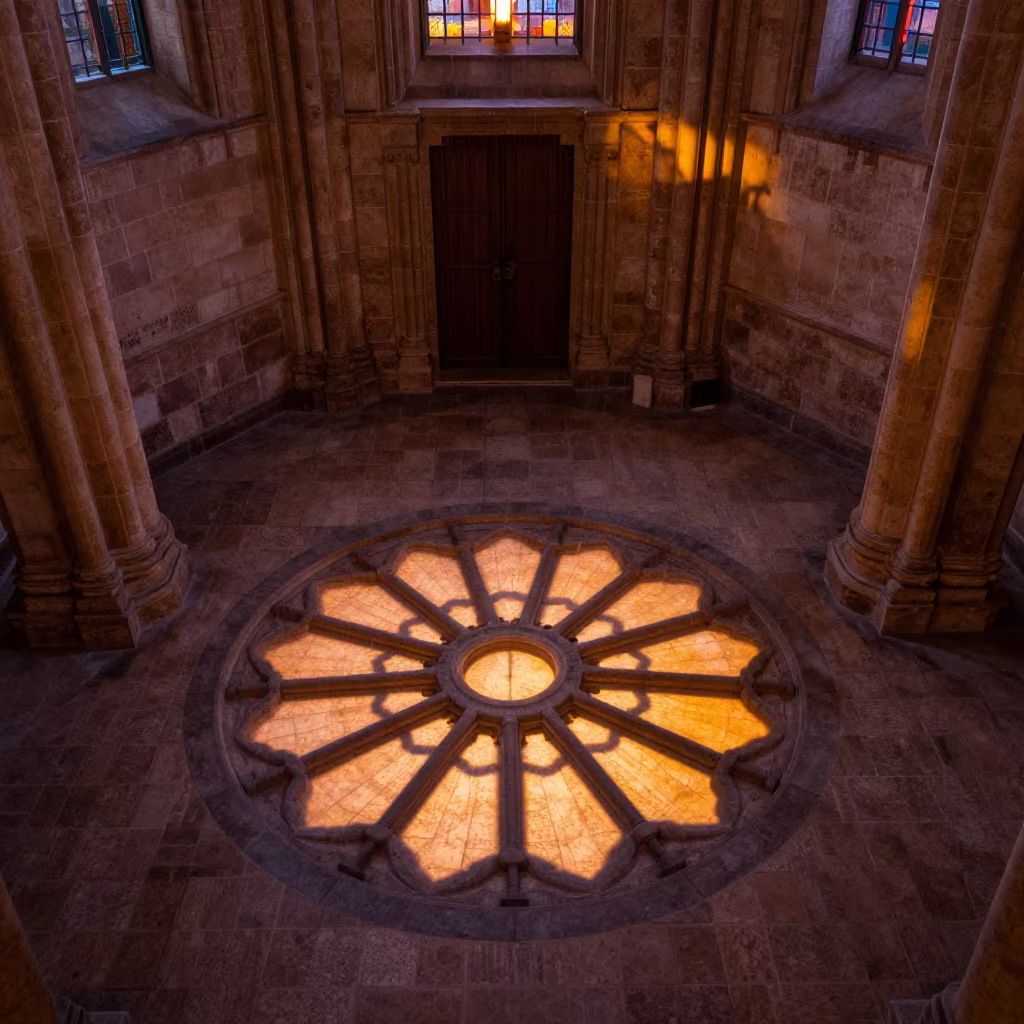 Rose Window Shadow Cast on Stone Floor in inside a vaulted atrium near Tijuana