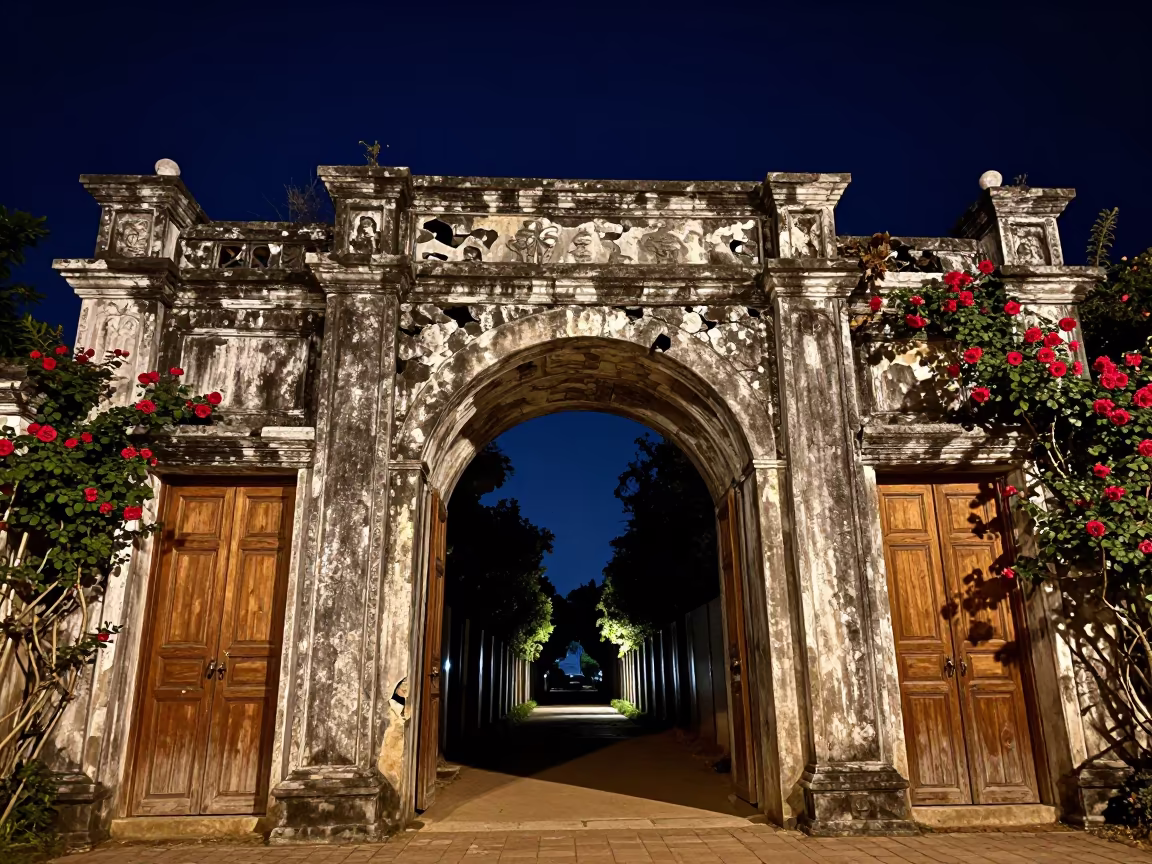 Roses Bloom Over Night Gatehouse Corridor in beneath a broken stone arch in Vietnam
