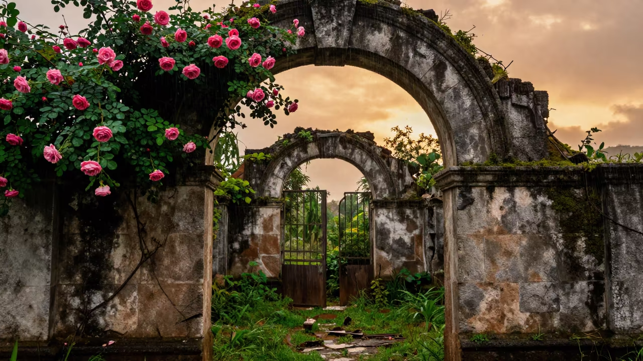 Roses Over Stone Arch in Paraguayan Rain in beneath a broken stone arch in Paraguay