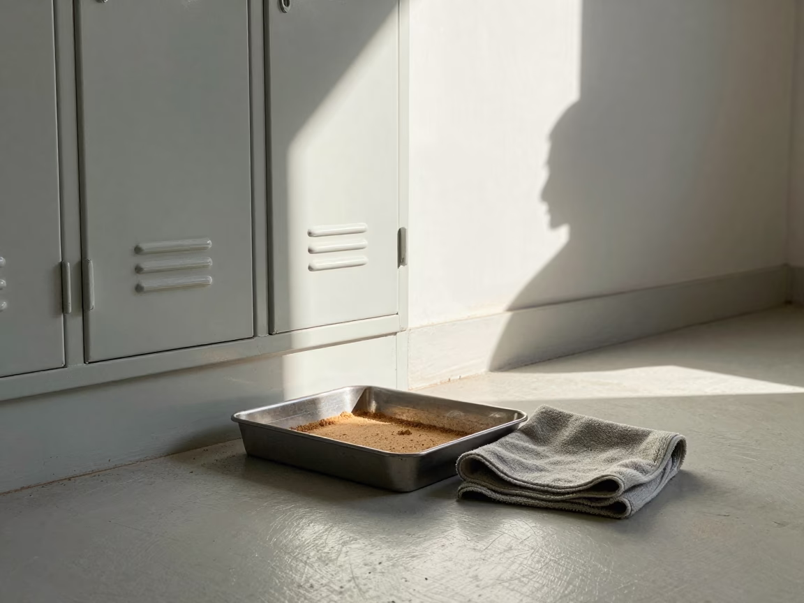 Rosin Cleanup Pan and Cork Dust in Tehran Yoga Studio in inside a yoga studio before the session begins in Tehran