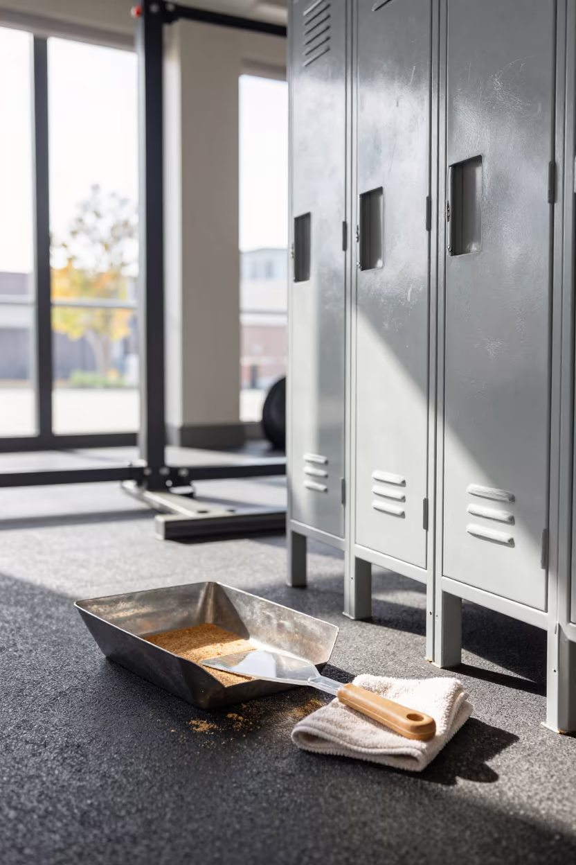 Rosin Dust Cleanup Pan in Seattle Gym in inside a strength room near Ballard, Seattle