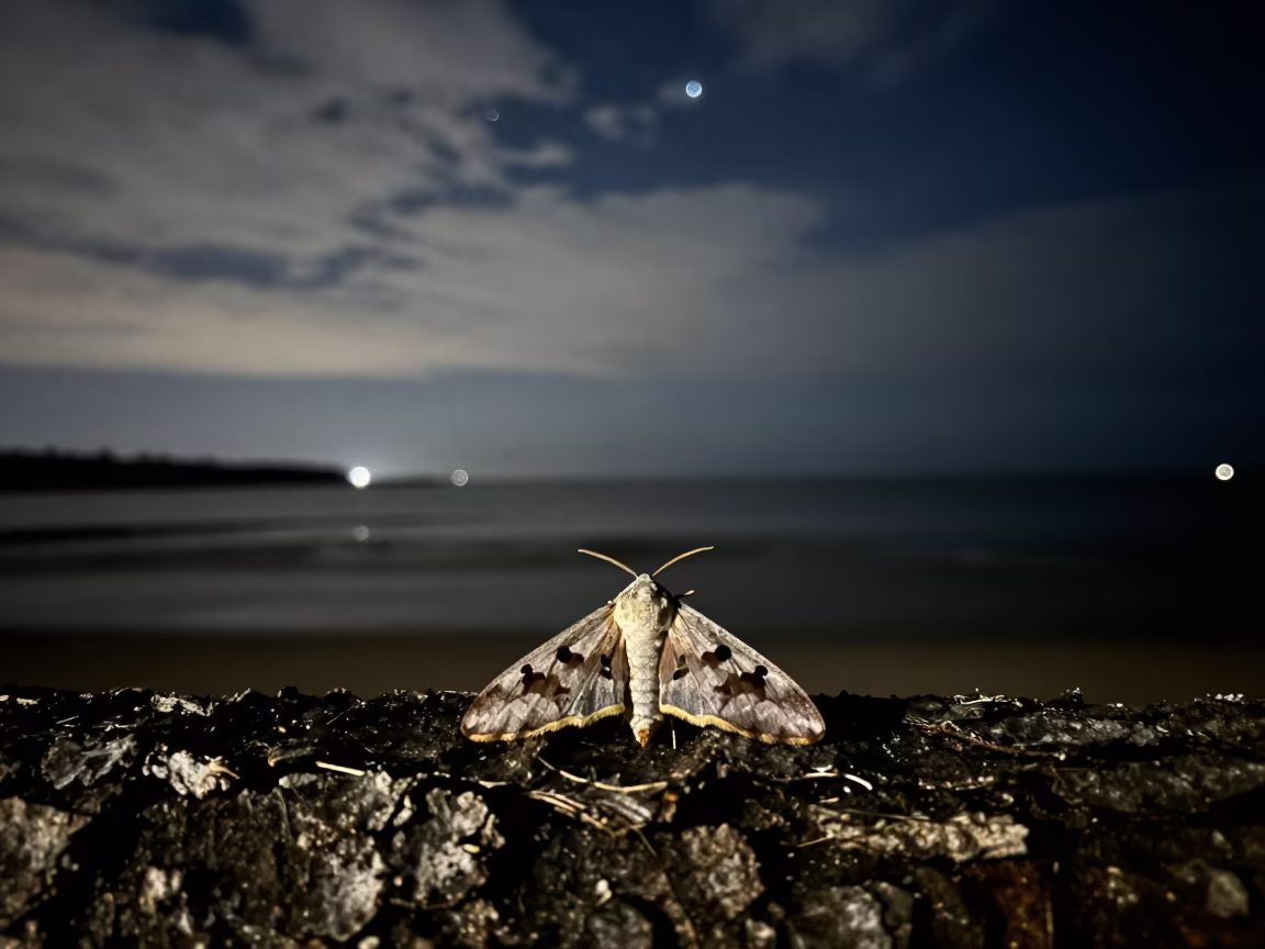 Rosy Maple Moth Silhouetted Against Night Sky in beside a tidal inlet near Hue