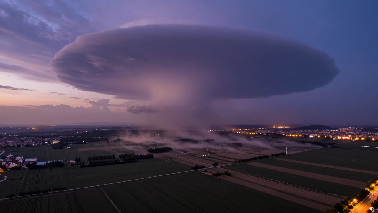 Rotating Wall Cloud Over Qingdao Cropland in over a horizon of stacked thunderheads near Qingdao