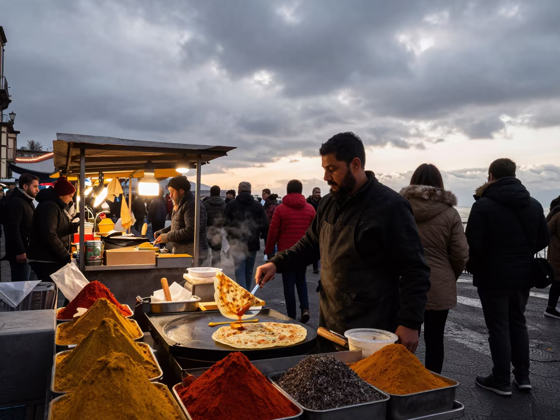 Roti Canai Vendor Silhouette Night Market Naples in at a spice vendor's table in Chiaia, Naples