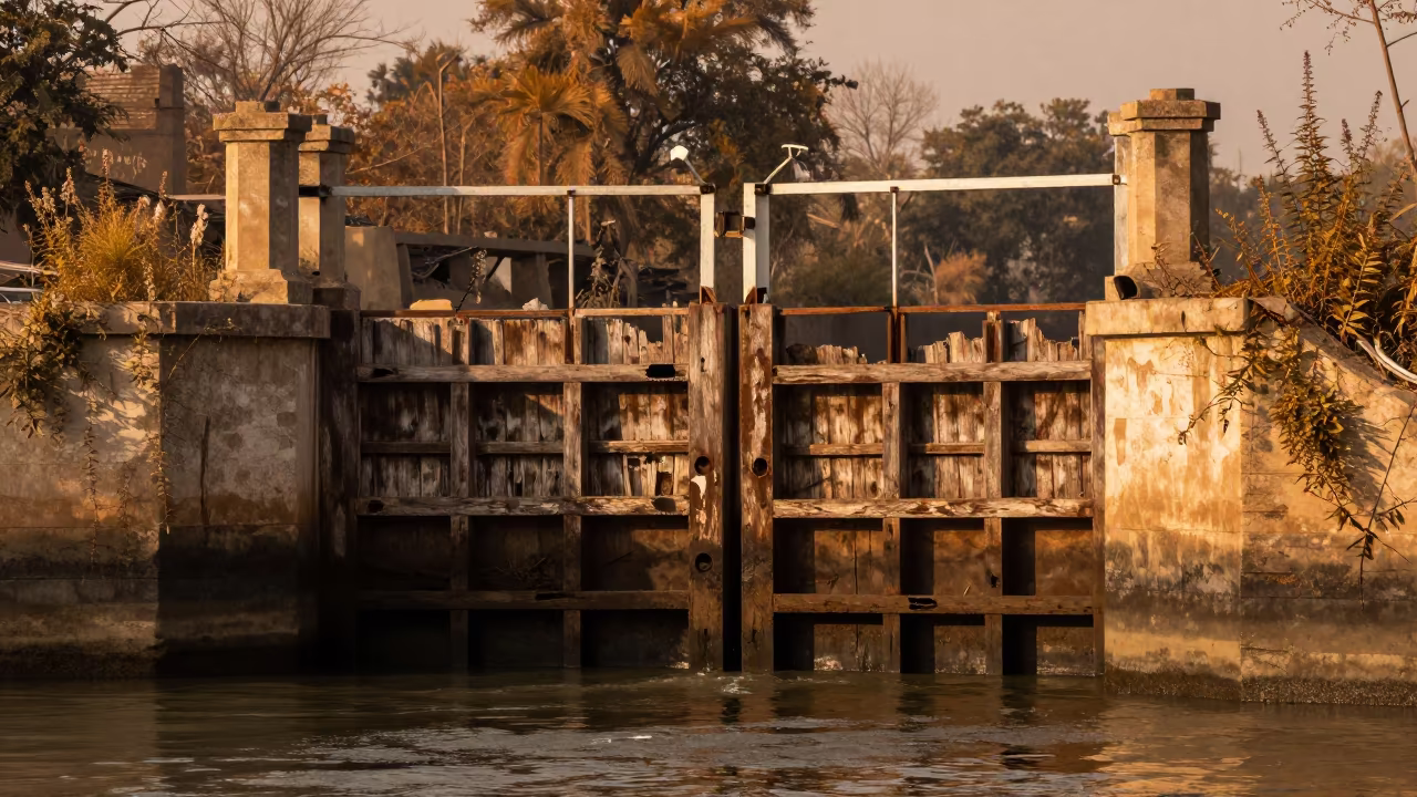 Rotted Lock Gates and Nettles in Autumn Pakistan in among toppled columns and nettles in Pakistan