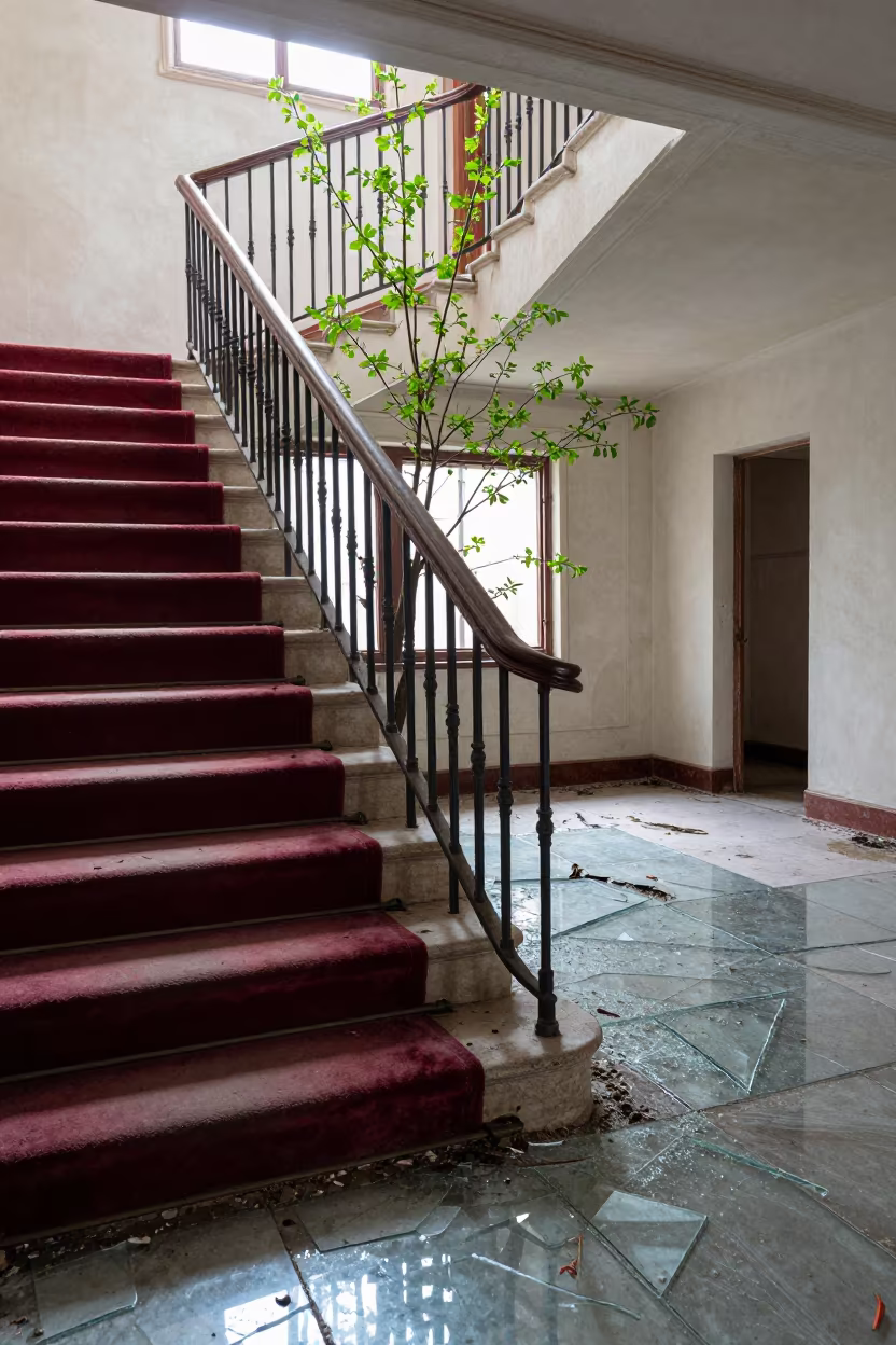 Rotted Velvet Staircase in Abandoned Valencia Ward in in a derelict ward with shattered glass underfoot near Valencia
