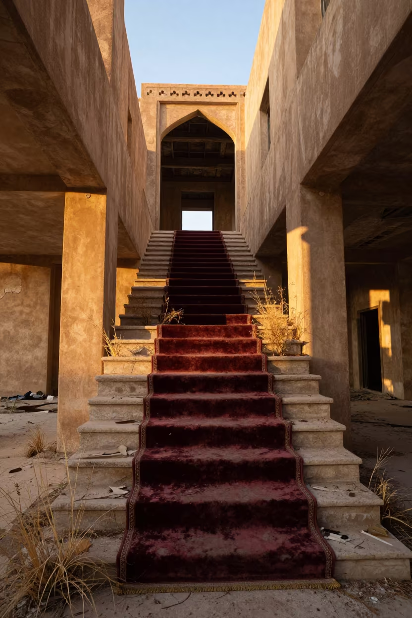 Rotted Velvet Staircase in Riyadh Hotel Ruin in inside a roofless nave near Riyadh