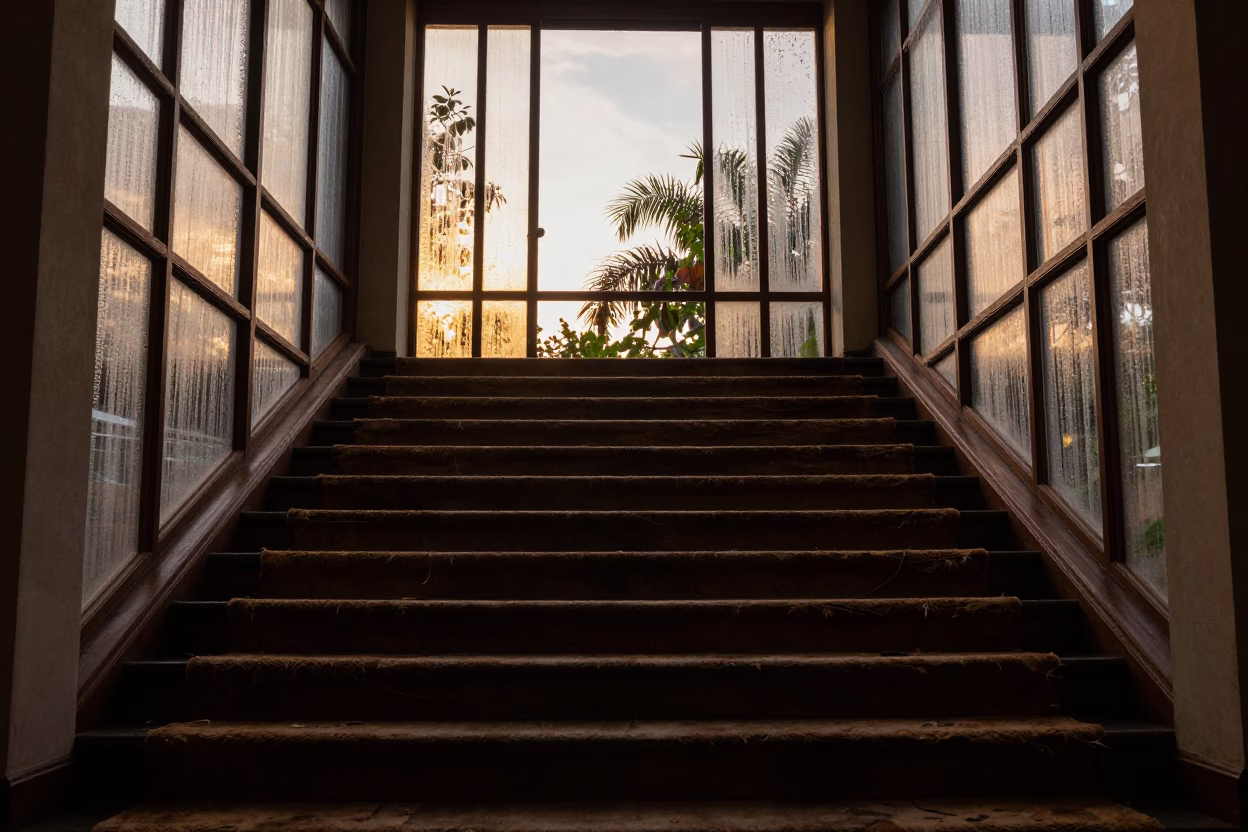 Rotted Velvet Staircase in Roofless Hotel Nave in inside a roofless nave near Curitiba