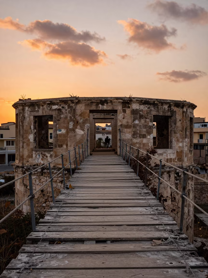 Rotten Pedestrian Bridge Sunset Ruins Palermo in among roofless stone chambers near Palermo