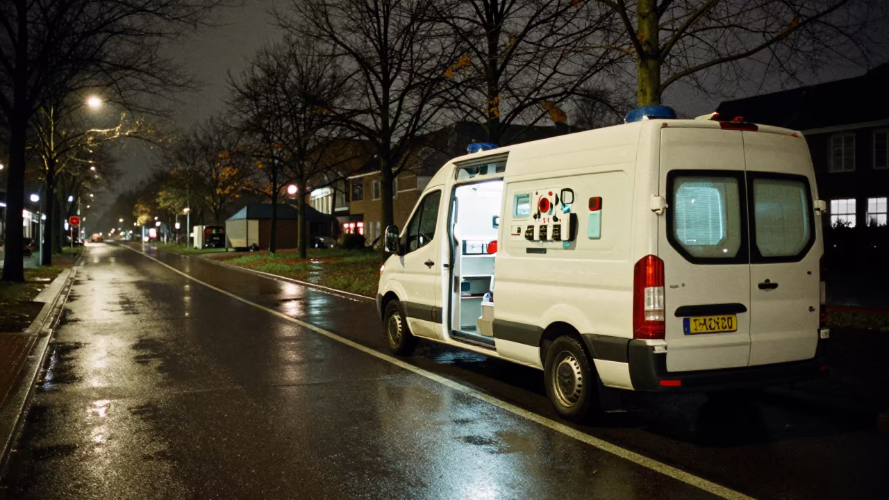 Rotterdam Ambulance Night Rain Street Scene in at a curbside ambulance stop in Rotterdam