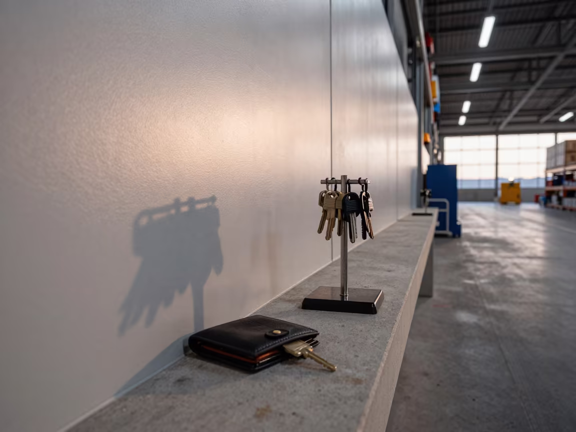 Rotterdam Warehouse Key Wallet Before Yard Work in inside a warehouse aisle in Rotterdam