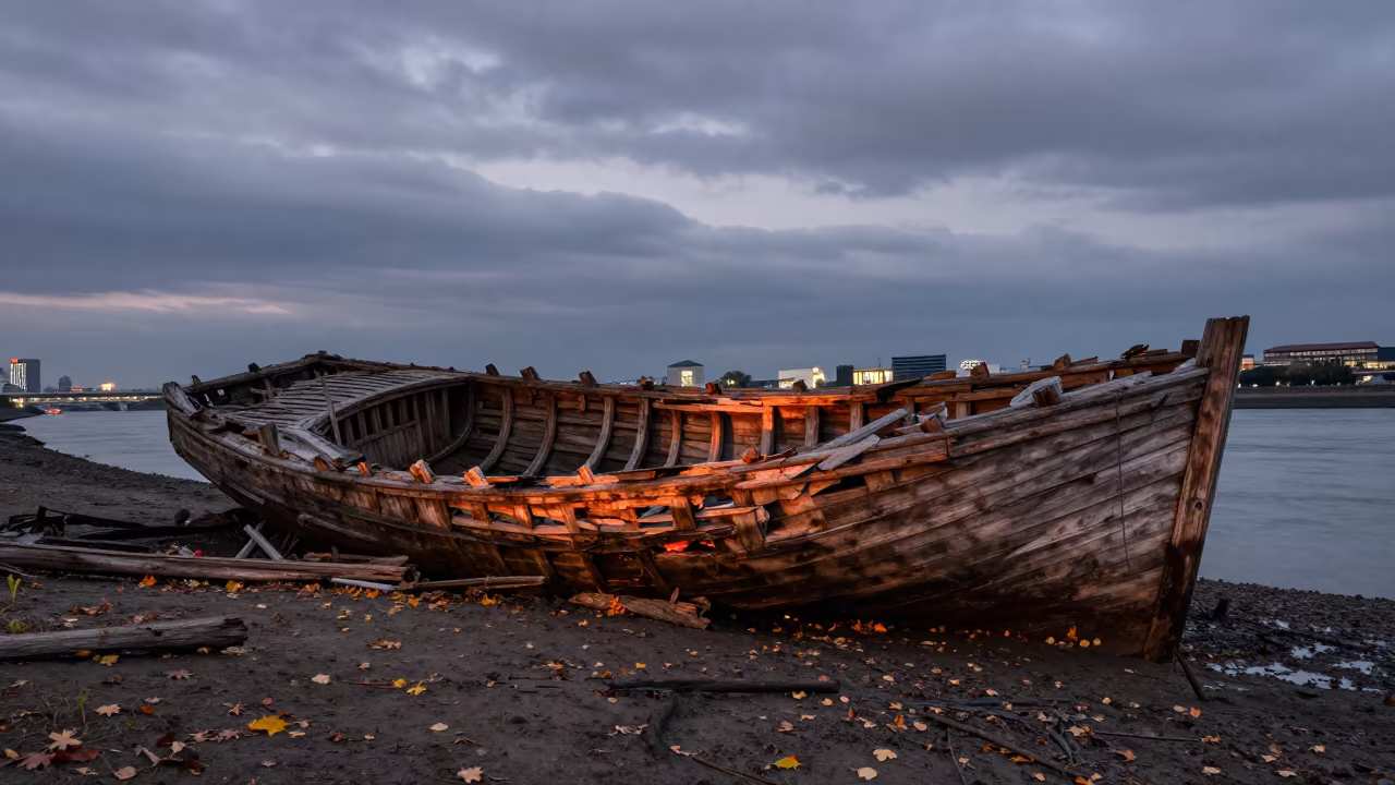 Rotting Boat Skeleton on Muddy Ginza Riverbank in across a remote ferry crossing near Ginza, Tokyo