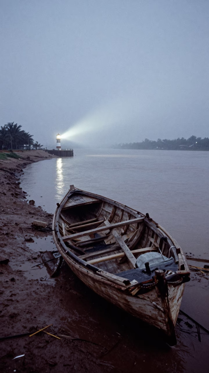 Rotting Boat Skeleton in Predawn Fog Mali in beside a fogbound harbor mouth in Mali