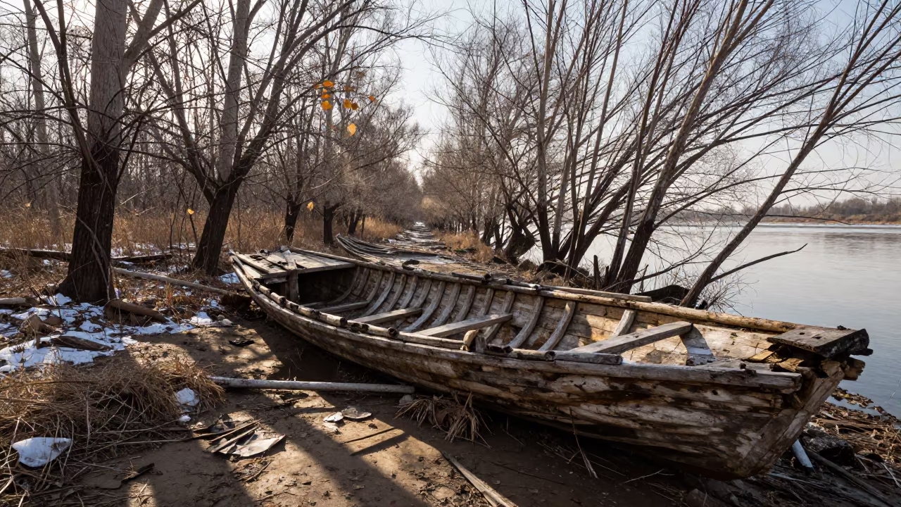 Rotting Boat Skeleton on Winter Liaoning Riverbank in in Liaoning