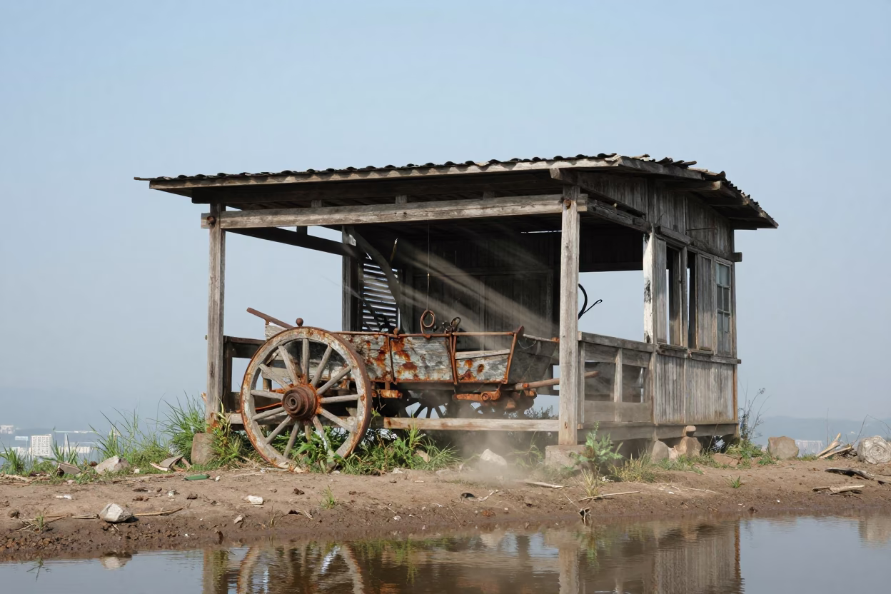 Rotting Horse Cart Inside Derelict Carriage House in on a wind-scoured ridge near Chongqing