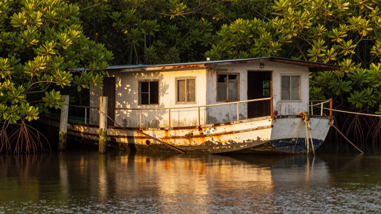 Rotting Houseboat on Jamaican Canal at Golden Hour in across a remote ferry crossing in Jamaica