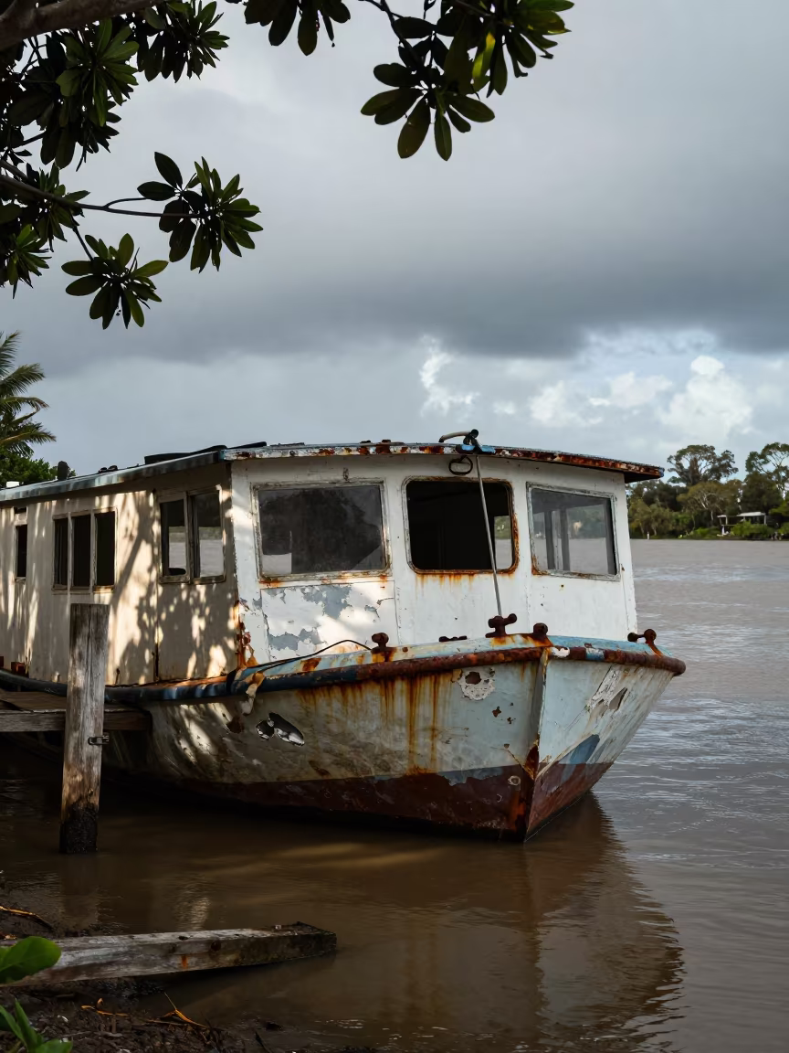 Rotting Houseboat on Queensland Monsoon Causeway in on a wind-open causeway in Queensland
