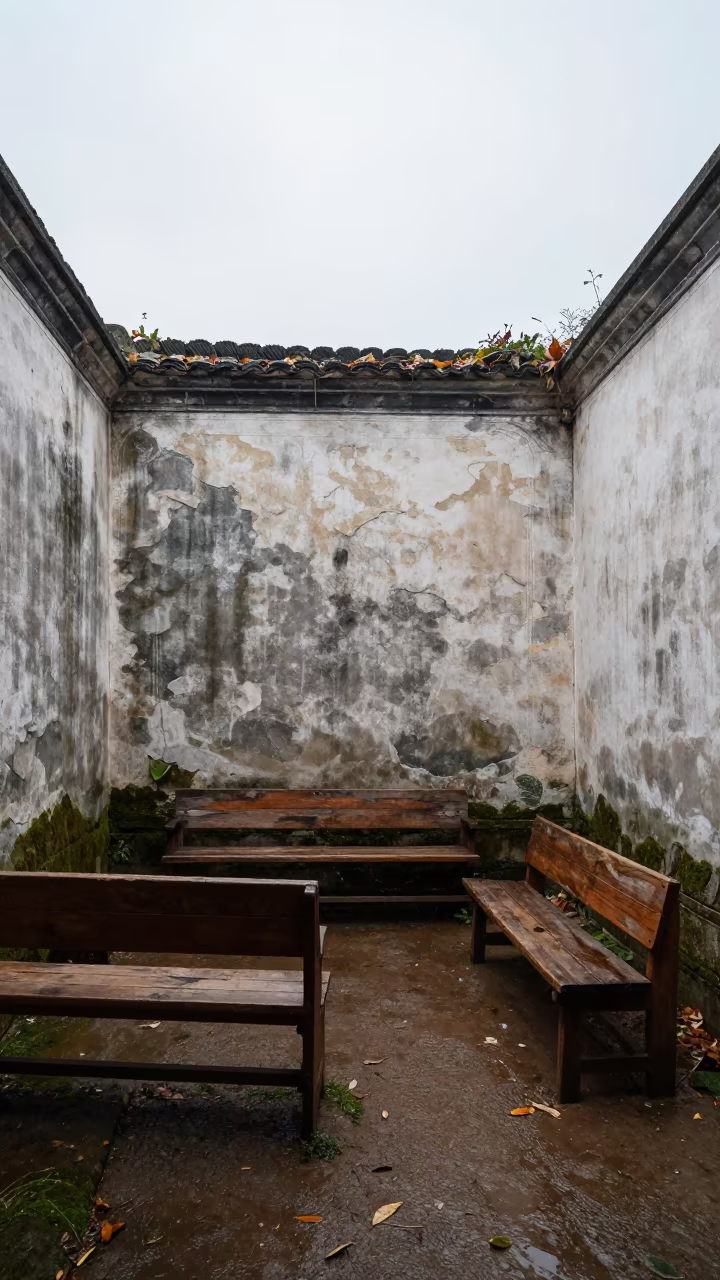 Rotting Pews in Roofless Fujian Hammam Ruin in inside a roofless hammam in Fujian