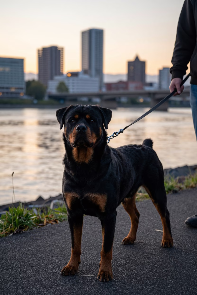 Rottweiler just after sunrise in Portland in in Portland, Oregon, United States
