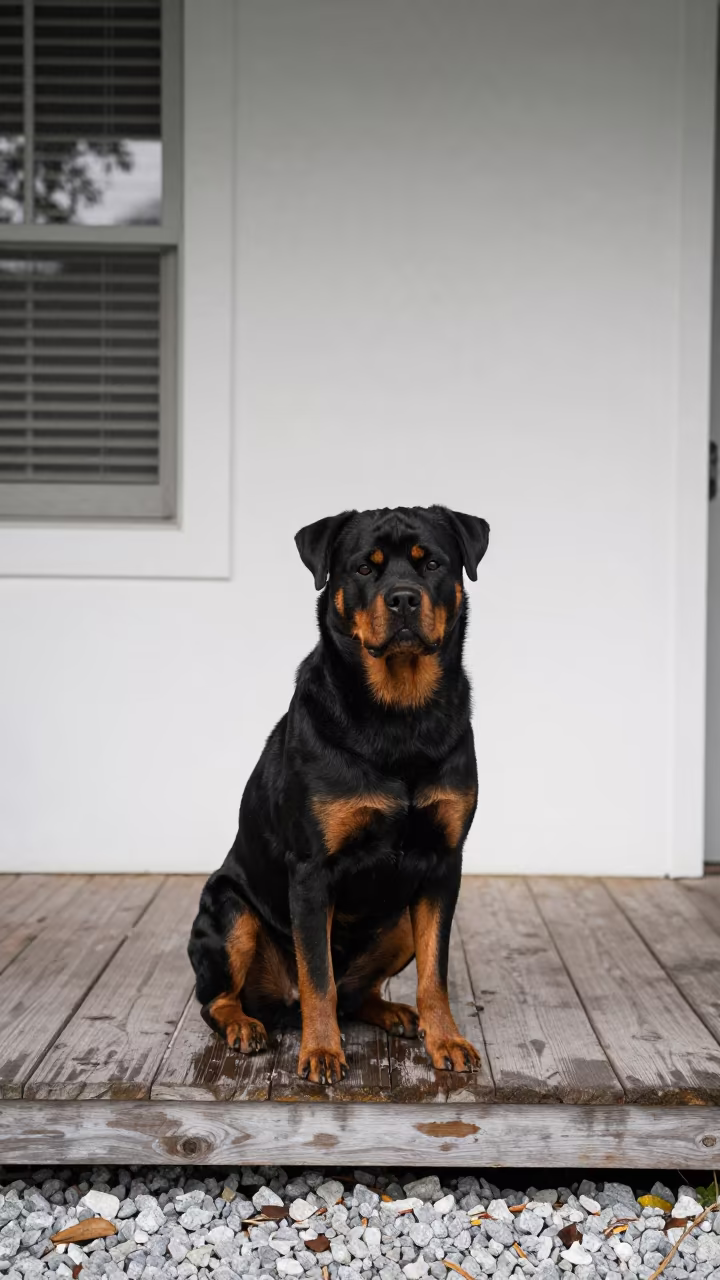Rottweiler on Shaded Porch in Key West Winter in beside a plain courtyard wall in clear daylight with the animal at eye level near Key West
