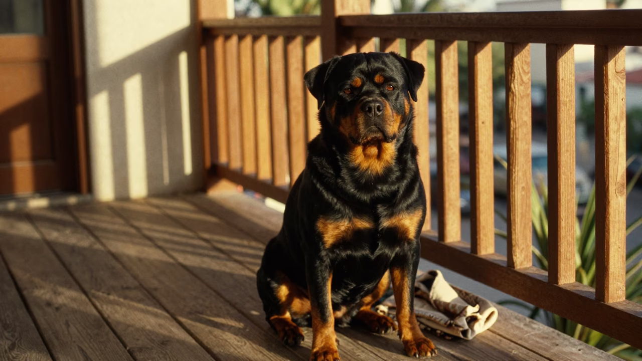 Rottweiler on Shaded Porch in Mazatlan in on a shaded front porch with boards, railings, and eye-level framing in Mazatlan