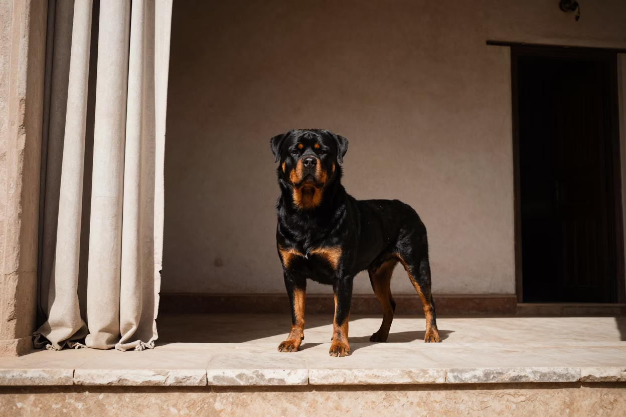Rottweiler on Shaded Porch Near Aswan Courtyard in beside a plain courtyard wall in clear daylight with the animal at eye level near Aswan
