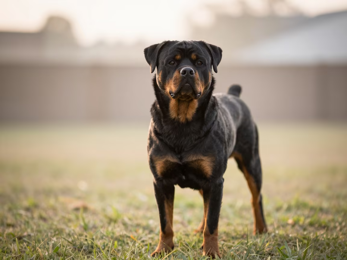 Rottweiler Portrait in Barishal Yard at Dawn in in a small yard with clipped grass, calm light, and the animal centered in frame near Barishal