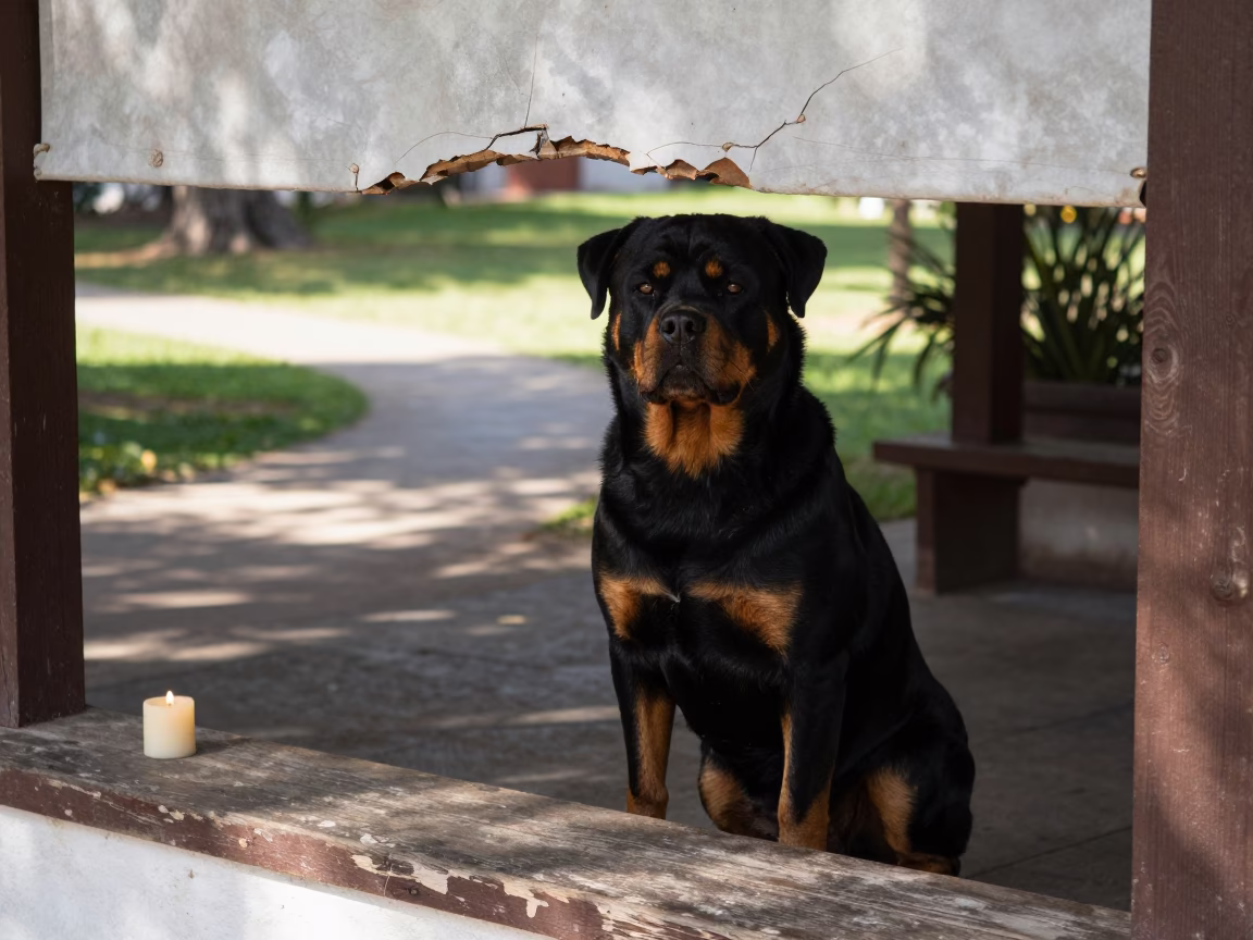 Rottweiler Portrait on Shaded Porch Near Irapuato Park in along a quiet park path with soft open shade and a clean background near Irapuato
