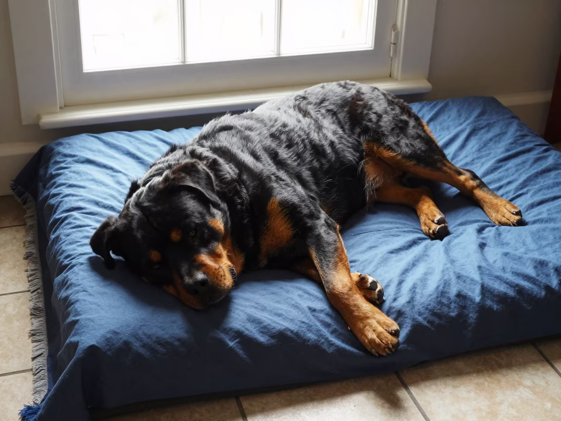 Rottweiler Resting on Bedspread in Autumn Window Light in on a bedspread near a bright window with calm indoor light in Canterbury