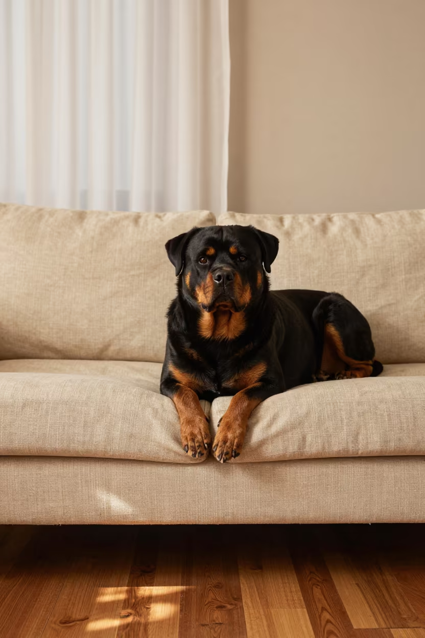 Rottweiler Resting on Linen Sofa in Lubumbashi in on a linen sofa with daylight from a nearby window in Lubumbashi